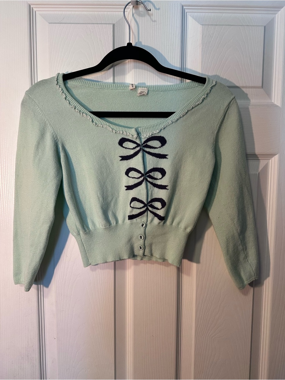 Moth Mint Green Cropped Cardigan with Navy Bow Details